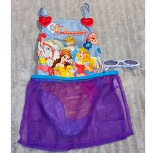 Disney Princess Girls 3pc Swimsuit Set Size 4 One Piece Sarong Sunglasses Purple